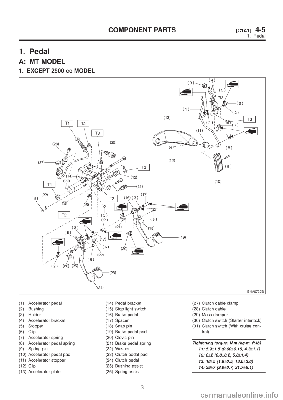 SUBARU LEGACY 1999 Service Repair Manual 1. Pedal
A: MT MODEL
1. EXCEPT 2500 cc MODEL
B4M0737B
(1) Accelerator pedal
(2) Bushing
(3) Holder
(4) Accelerator bracket
(5) Stopper
(6) Clip
(7) Accelerator spring
(8) Accelerator pedal spring
(9) SUBARU LEGACY 1999 Service Repair Manual 1. Pedal
A: MT MODEL
1. EXCEPT 2500 cc MODEL
B4M0737B
(1) Accelerator pedal
(2) Bushing
(3) Holder
(4) Accelerator bracket
(5) Stopper
(6) Clip
(7) Accelerator spring
(8) Accelerator pedal spring
(9)