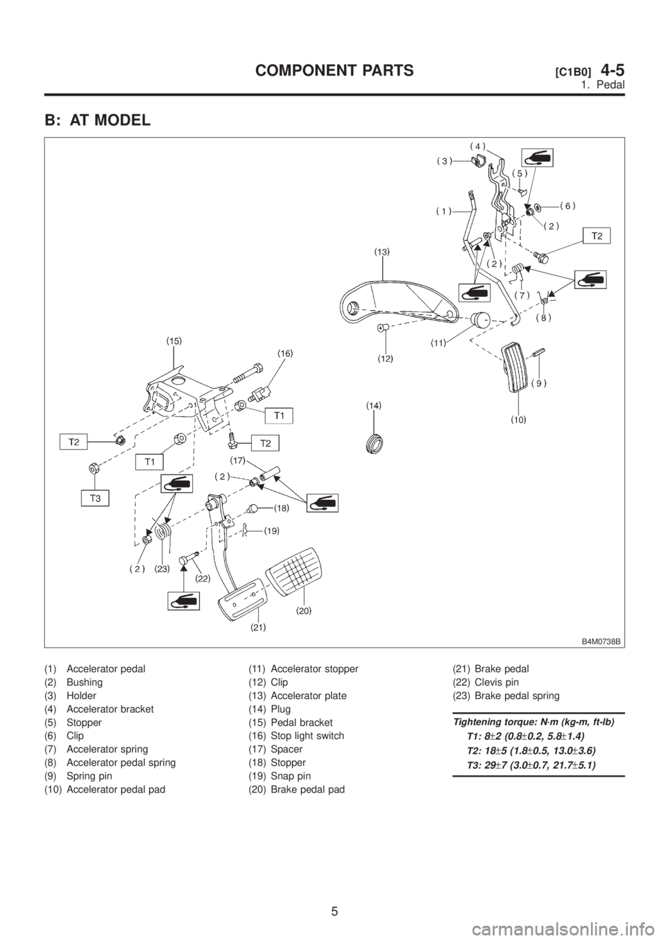 SUBARU LEGACY 1999 Service Repair Manual B: AT MODEL
B4M0738B
(1) Accelerator pedal
(2) Bushing
(3) Holder
(4) Accelerator bracket
(5) Stopper
(6) Clip
(7) Accelerator spring
(8) Accelerator pedal spring
(9) Spring pin
(10) Accelerator pedal SUBARU LEGACY 1999 Service Repair Manual B: AT MODEL
B4M0738B
(1) Accelerator pedal
(2) Bushing
(3) Holder
(4) Accelerator bracket
(5) Stopper
(6) Clip
(7) Accelerator spring
(8) Accelerator pedal spring
(9) Spring pin
(10) Accelerator pedal