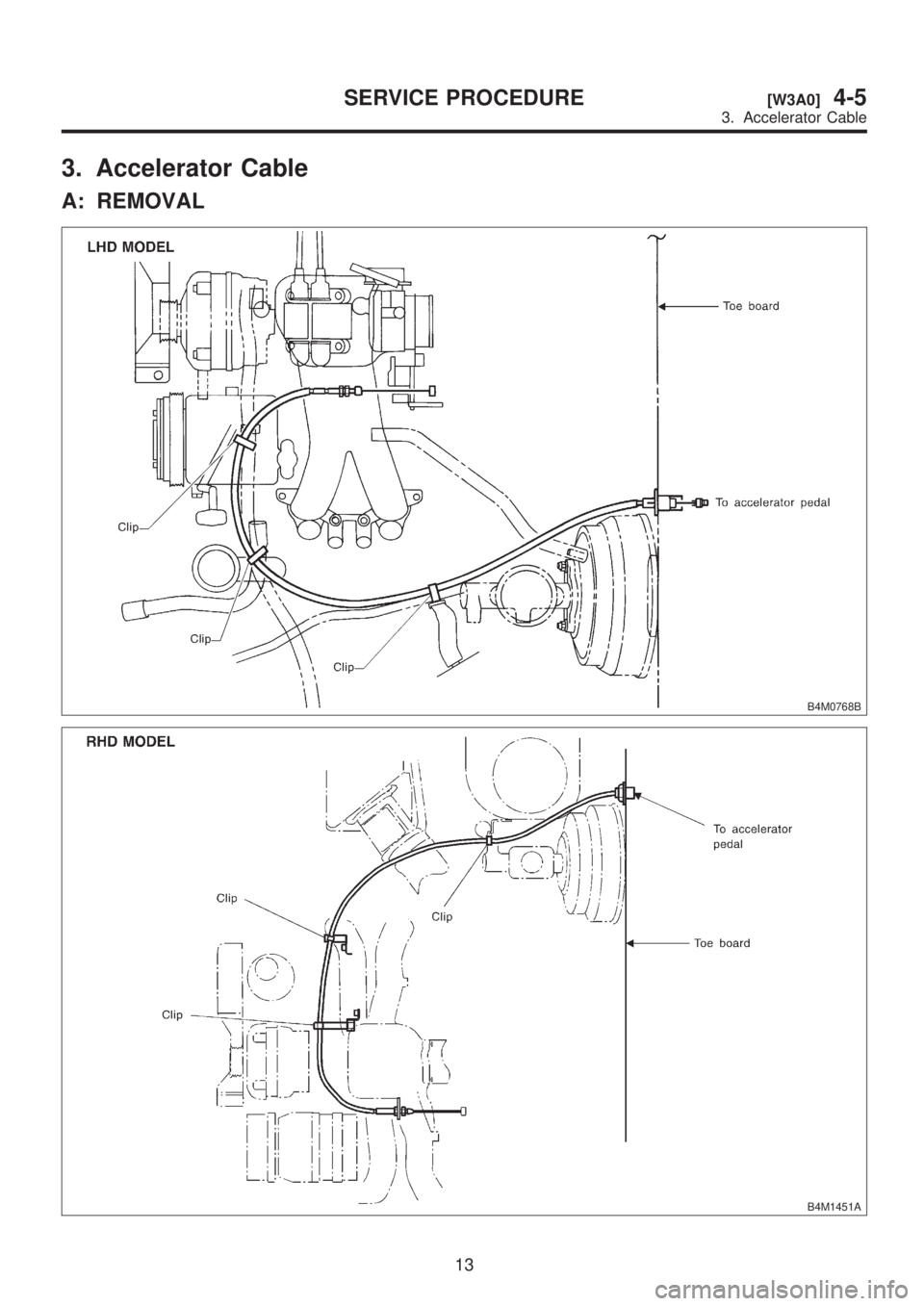 SUBARU LEGACY 1999  Service Repair Manual 3. Accelerator Cable
A: REMOVAL
B4M0768B
B4M1451A
13
[W3A0]4-5SERVICE PROCEDURE
3. Accelerator Cable  