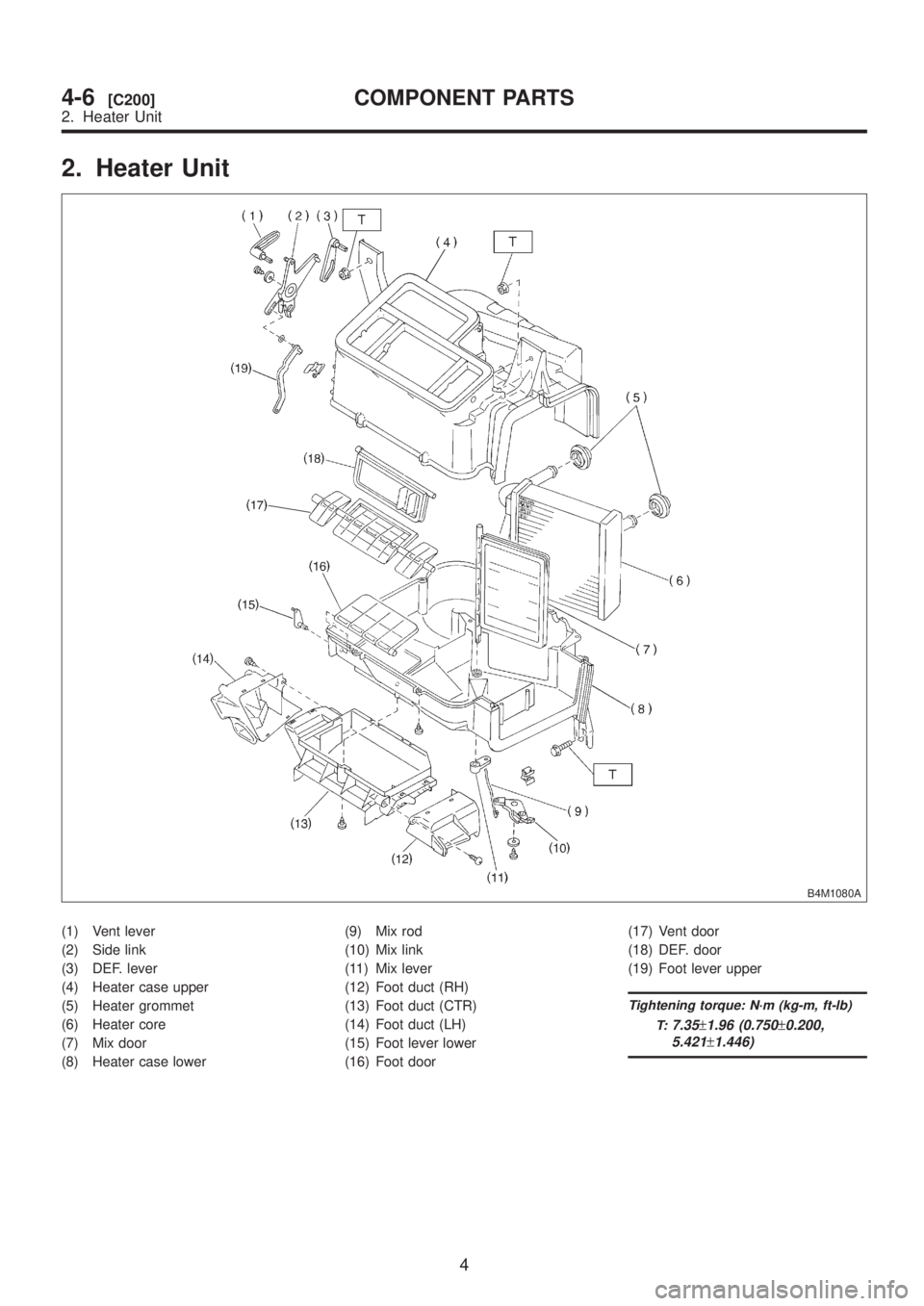 SUBARU LEGACY 1999  Service Repair Manual 2. Heater Unit
B4M1080A
(1) Vent lever
(2) Side link
(3) DEF. lever
(4) Heater case upper
(5) Heater grommet
(6) Heater core
(7) Mix door
(8) Heater case lower(9) Mix rod
(10) Mix link
(11) Mix lever
