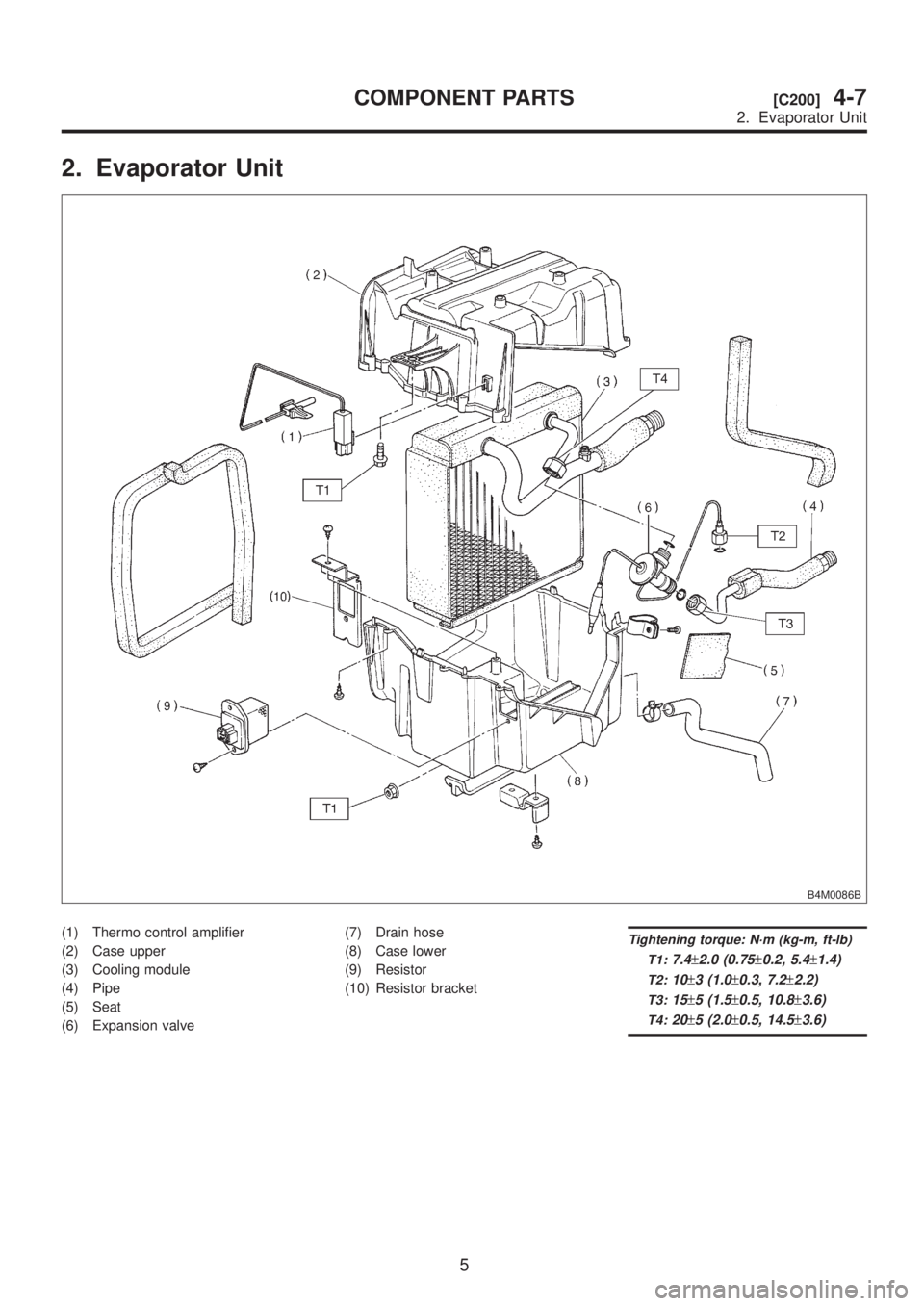SUBARU LEGACY 1999  Service Repair Manual 2. Evaporator Unit
B4M0086B
(1) Thermo control amplifier
(2) Case upper
(3) Cooling module
(4) Pipe
(5) Seat
(6) Expansion valve(7) Drain hose
(8) Case lower
(9) Resistor
(10) Resistor bracketTighteni