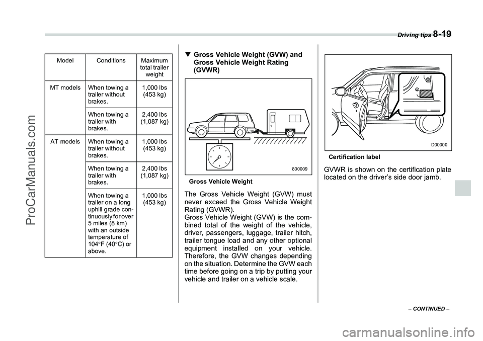 SUBARU FORESTER 2006  Owners Manual Driving tips 
8-19
– CONTINUED  –
�TGross Vehicle Weight (GVW) and 
Gross Vehicle Weight Rating 
(GVWR)Gross Vehicle WeightThe Gross Vehicle Weight (GVW) must
never exceed the Gross Vehicle Weight