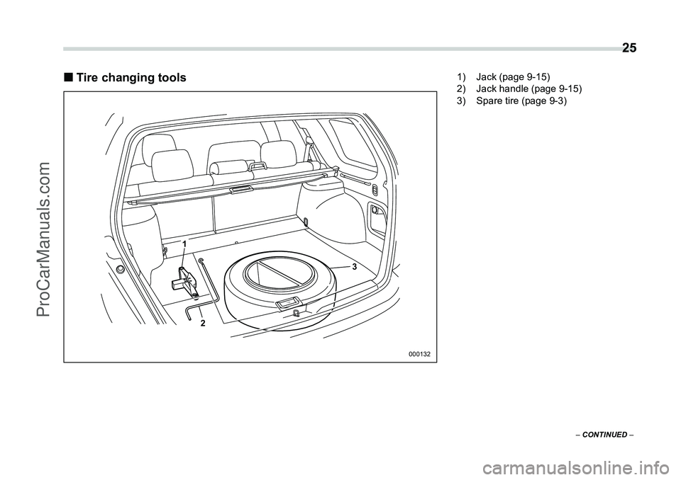 SUBARU FORESTER 2006 Owners Manual  25
– CONTINUED  –
�„Tire changing tools
3
1
2
000132
1) Jack (page 9-15)
2) Jack handle (page 9-15)
3) Spare tire (page 9-3)
ProCarManuals.com 