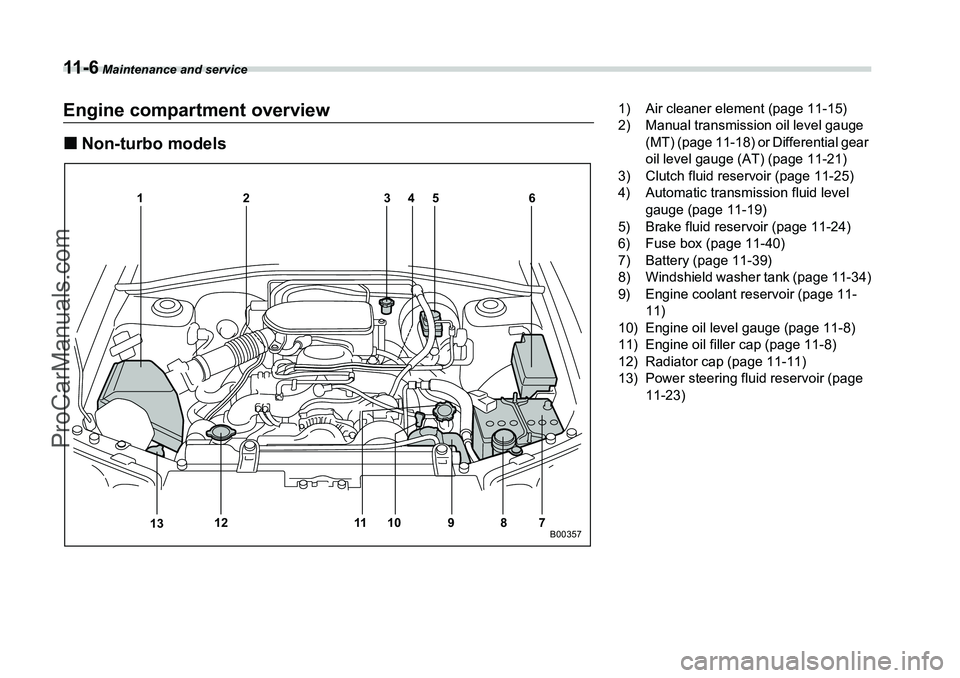 SUBARU FORESTER 2006  Owners Manual 11 - 6
 Maintenance and service
Engine compartment overview�„Non-turbo models
12 3 456
789
10
11
13 12
B00357
1) Air cleaner element (page 11-15)
2) Manual transmission oil level gauge 
(MT) (page 1