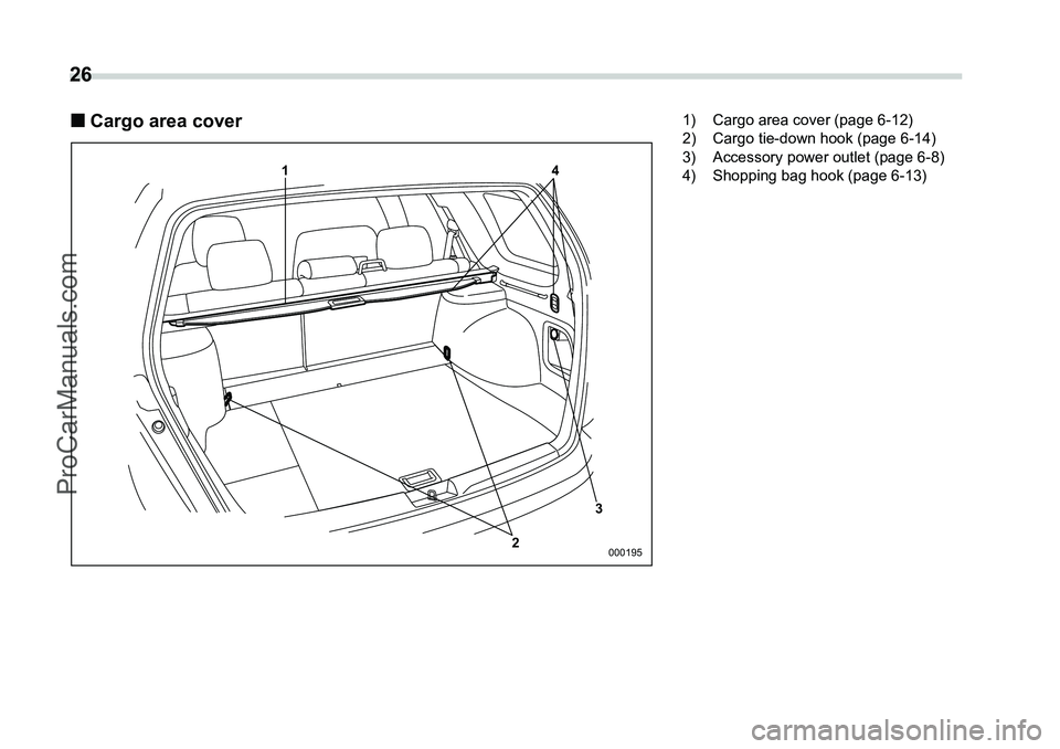 SUBARU FORESTER 2006 Owners Manual 26
 
�„Cargo area cover 
4
2
1
3
000195
1) Cargo area cover (page 6-12)
2) Cargo tie-down hook (page 6-14)
3) Accessory power outlet (page 6-8)
4) Shopping bag hook (page 6-13)
ProCarManuals.com 