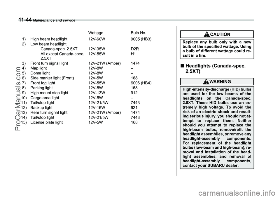 SUBARU FORESTER 2006  Owners Manual 11 - 4 4
 Maintenance and service
WattageBulb No.
1) High beam headlight 12V-60W9005 (HB3)
2) Low beam headlight Canada-spec. 2.5XT 12V-35W D2R
All except Canada-spec. 
2.5XT 12V-55W
H1
3) Front turn 
