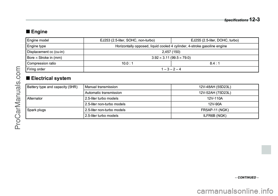 SUBARU FORESTER 2006  Owners Manual Specifications 
12-3
– CONTINUED  –
�„Engine
�„ Electrical systemEngine model
EJ253 (2.5-liter, SOHC, non-turbo)
EJ255 (2.5-liter, DOHC, turbo)
Engine type
Horizontally opposed, liquid cooled 