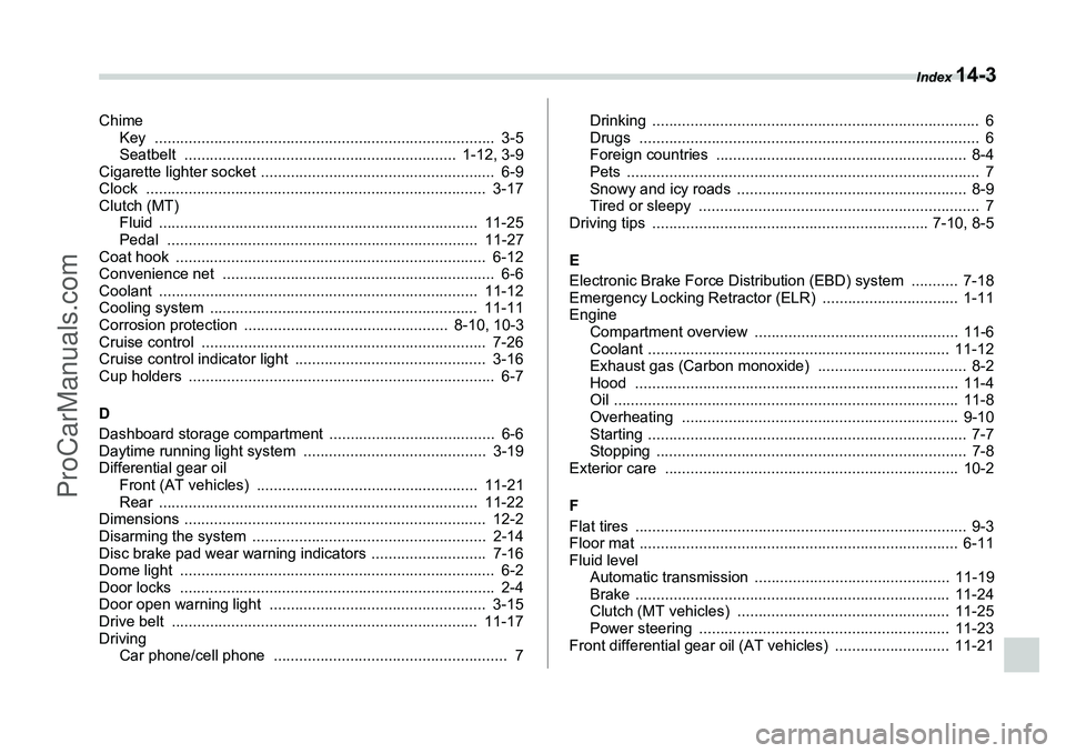 SUBARU FORESTER 2006 Owners Manual Index
14-3
ChimeKey ................................................................................ 3-5
Seatbelt ................................................................ 1-12, 3-9
Cigaret SUBARU FORESTER 2006 Owners Manual Index
14-3
ChimeKey ................................................................................ 3-5
Seatbelt ................................................................ 1-12, 3-9
Cigaret