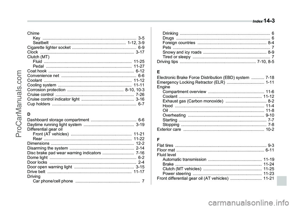 SUBARU FORESTER 2006  Owners Manual Index 
14-3
ChimeKey ................................................................................  3-5
Seatbelt  ................................................................  1-12, 3-9
Cigaret