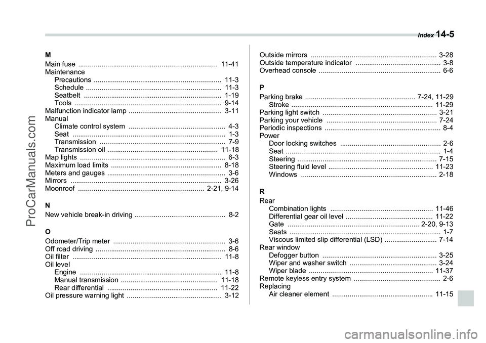 SUBARU FORESTER 2006  Owners Manual Index 
14-5
M
Main fuse  ........................................................................  11-41
MaintenancePrecautions ..................................................................  11-3