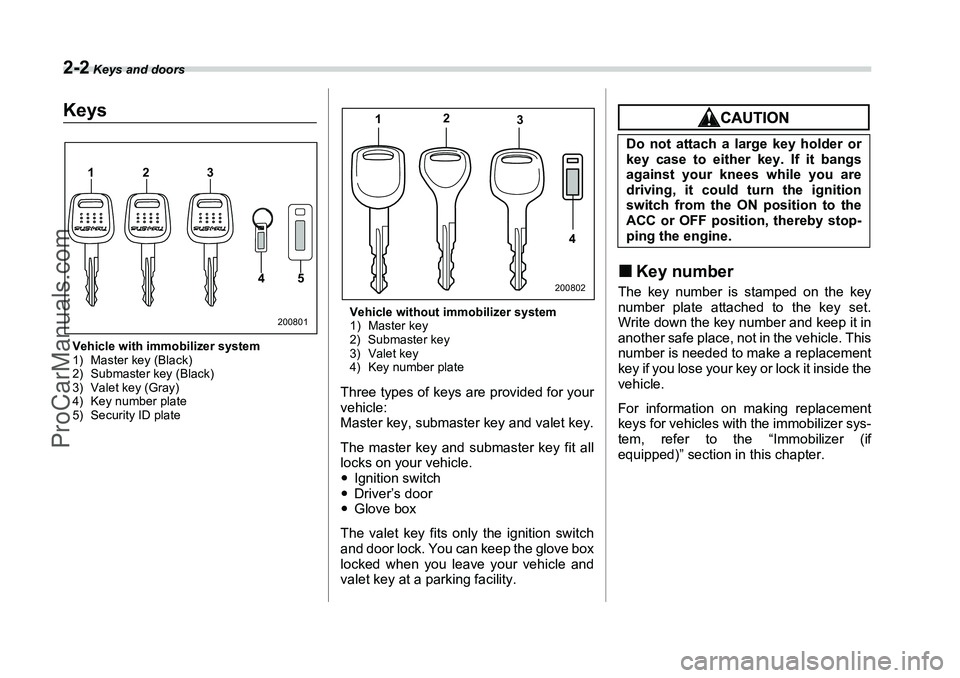 SUBARU FORESTER 2006 Owners Manual 2-2
Keys and doors
Keys and doors
KeysVehicle with immobilizer system
1) Master key (Black)
2) Submaster key (Black)
3) Valet key (Gray)
4) Key number plate
5) Security ID plateVehicle without immobi SUBARU FORESTER 2006 Owners Manual 2-2
Keys and doors
Keys and doors
KeysVehicle with immobilizer system
1) Master key (Black)
2) Submaster key (Black)
3) Valet key (Gray)
4) Key number plate
5) Security ID plateVehicle without immobi