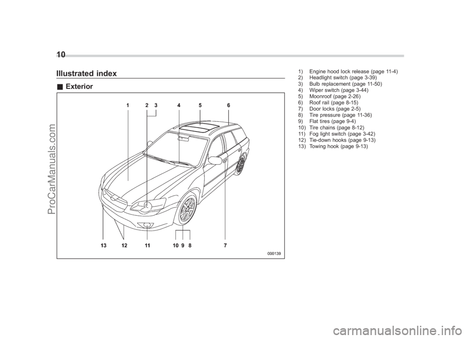 SUBARU LEGACY 2007  Owners Manual Black plate (12,1)
北米Model "A2420BE-B" EDITED: 2006/ 7/ 26
10Illustrated index& Exterior
1) Engine hood lock release (page 11-4)
2) Headlight switch (page 3-39)
3) Bulb replacement (page 11-50)
4)