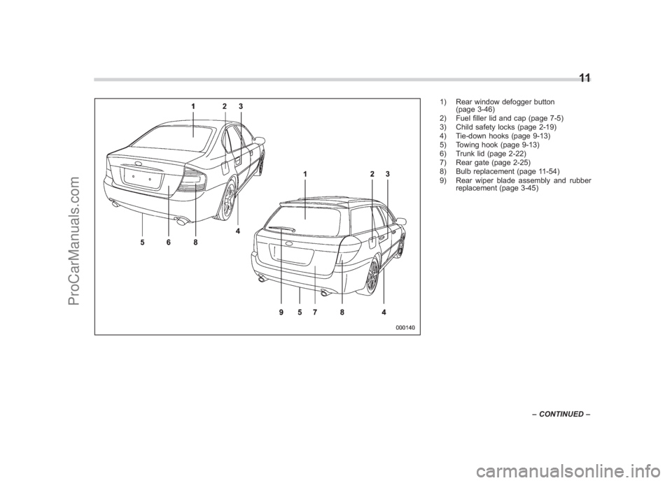 SUBARU LEGACY 2007 User Guide Black plate (13,1)
北米Model "A2420BE-B" EDITED: 2006/ 7/ 261) Rear window defogger button
(page 3-46)
2) Fuel filler lid and cap (page 7-5)
3) Child safety locks (page 2-19)
4) Tie-down hooks (page