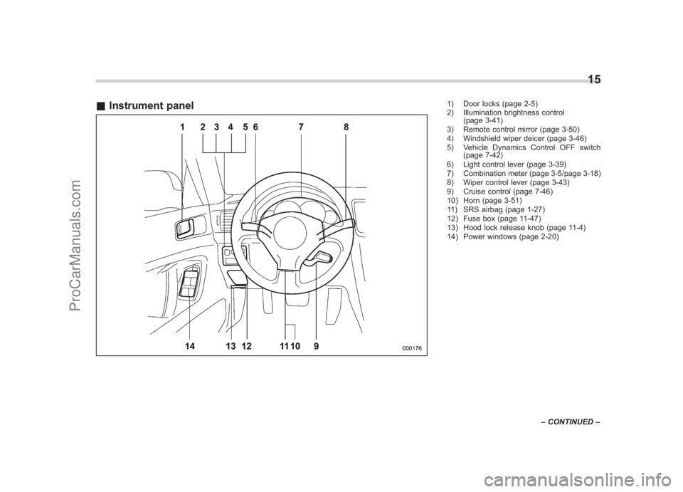 SUBARU LEGACY 2007 User Guide Black plate (17,1)
北米Model "A2420BE-B" EDITED: 2006/ 7/ 26
& Instrument panel
1) Door locks (page 2-5)
2) Illumination brightness control
(page 3-41)
3) Remote control mirror (page 3-50)
4) Windsh