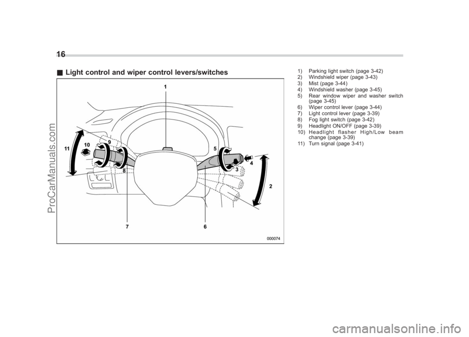 SUBARU LEGACY 2007 User Guide Black plate (18,1)
北米Model "A2420BE-B" EDITED: 2006/ 7/ 26
16& Light control and wiper control levers/switches
1) Parking light switch (page 3-42)
2) Windshield wiper (page 3-43)
3) Mist (page 3-4