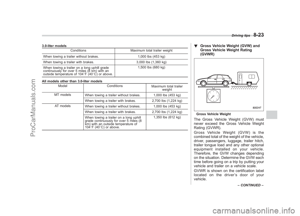 SUBARU LEGACY 2007 Owners Manual Black plate (315,1)
北米Model "A2420BE-B" EDITED: 2006/ 7/ 26
3.0-liter models
Conditions Maximum total trailer weight
When towing a trailer without brakes. 1,000 lbs (453 kg)
When towing a trailer SUBARU LEGACY 2007 Owners Manual Black plate (315,1)
北米Model "A2420BE-B" EDITED: 2006/ 7/ 26
3.0-liter models
Conditions Maximum total trailer weight
When towing a trailer without brakes. 1,000 lbs (453 kg)
When towing a trailer