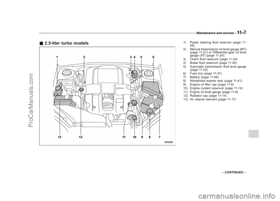 SUBARU LEGACY 2007 Owners Manual Black plate (355,1)
北米Model "A2420BE-B" EDITED: 2006/ 7/ 26
& 2.5-liter turbo models
1) Power steering fluid reservoir (page 11-
28)
2) Manual transmission oil level gauge (MT) (page 11-21) or Dif SUBARU LEGACY 2007 Owners Manual Black plate (355,1)
北米Model "A2420BE-B" EDITED: 2006/ 7/ 26
& 2.5-liter turbo models
1) Power steering fluid reservoir (page 11-
28)
2) Manual transmission oil level gauge (MT) (page 11-21) or Dif
