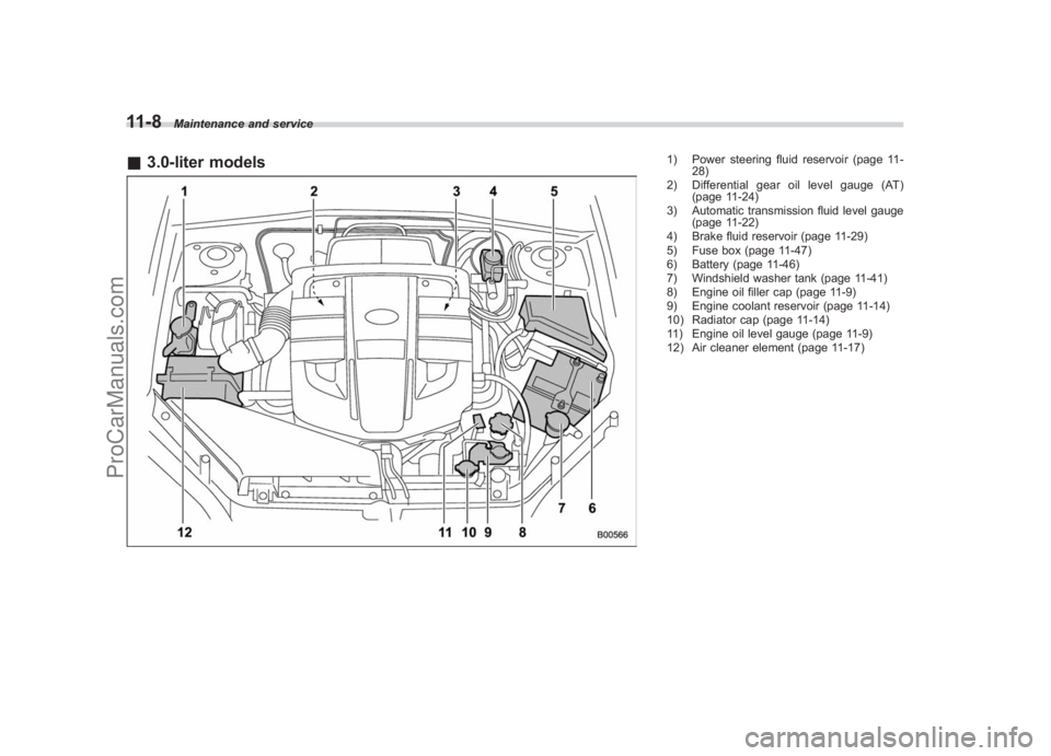 SUBARU LEGACY 2007 Owners Manual Black plate (356,1)
北米Model "A2420BE-B" EDITED: 2006/ 7/ 26
11-8
Maintenance and service
& 3.0-liter models
1) Power steering fluid reservoir (page 11-
28)
2) Differential gear oil level gauge (AT SUBARU LEGACY 2007 Owners Manual Black plate (356,1)
北米Model "A2420BE-B" EDITED: 2006/ 7/ 26
11-8
Maintenance and service
& 3.0-liter models
1) Power steering fluid reservoir (page 11-
28)
2) Differential gear oil level gauge (AT