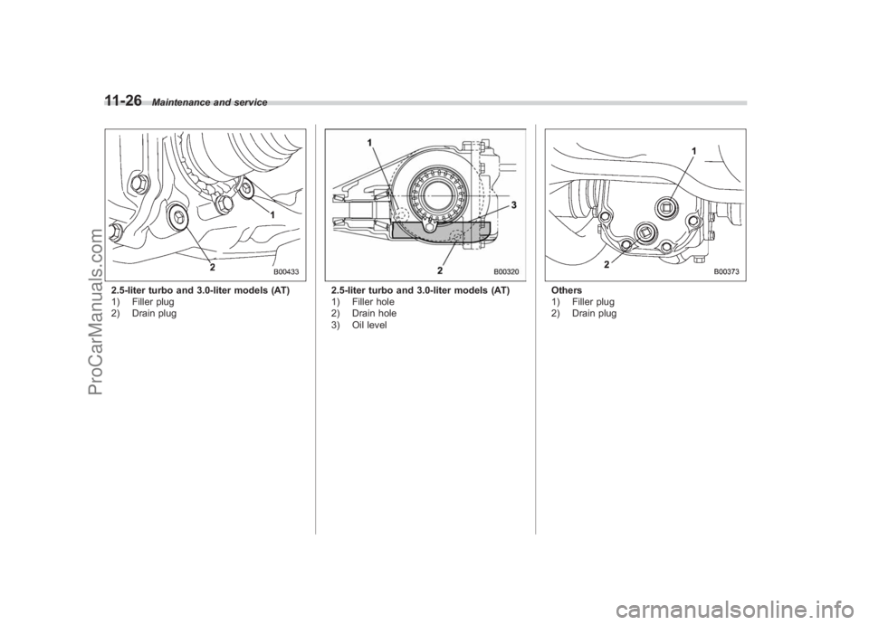 SUBARU LEGACY 2007 Owners Manual Black plate (374,1)
北米Model "A2420BE-B" EDITED: 2006/ 7/ 26
11-26
Maintenance and service
2.5-liter turbo and 3.0-liter models (AT)
1) Filler plug
2) Drain plug
2.5-liter turbo and 3.0-liter model SUBARU LEGACY 2007 Owners Manual Black plate (374,1)
北米Model "A2420BE-B" EDITED: 2006/ 7/ 26
11-26
Maintenance and service
2.5-liter turbo and 3.0-liter models (AT)
1) Filler plug
2) Drain plug
2.5-liter turbo and 3.0-liter model