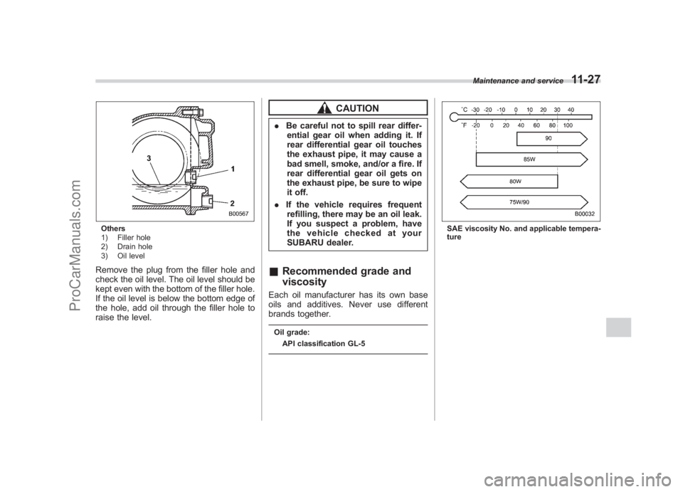 SUBARU LEGACY 2007  Owners Manual Black plate (375,1)
北米Model "A2420BE-B" EDITED: 2006/ 7/ 26
Others
1) Filler hole
2) Drain hole
3) Oil levelRemove the plug from the filler hole and
check the oil level. The oil level should be
ke