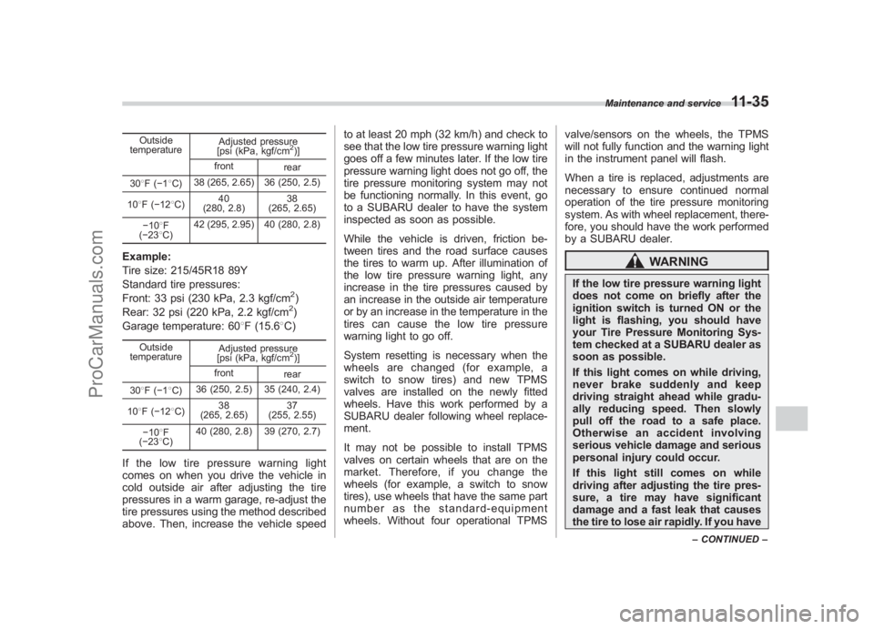SUBARU LEGACY 2007  Owners Manual Black plate (383,1)
北米Model "A2420BE-B" EDITED: 2006/ 7/ 26
Outside
temperature Adjusted pressure
[psi (kPa, kgf/cm
2)]
front rear
30 8F( �18C) 38 (265, 2.65) 36 (250, 2.5)
10 8F( �12 8C) 40
(280,