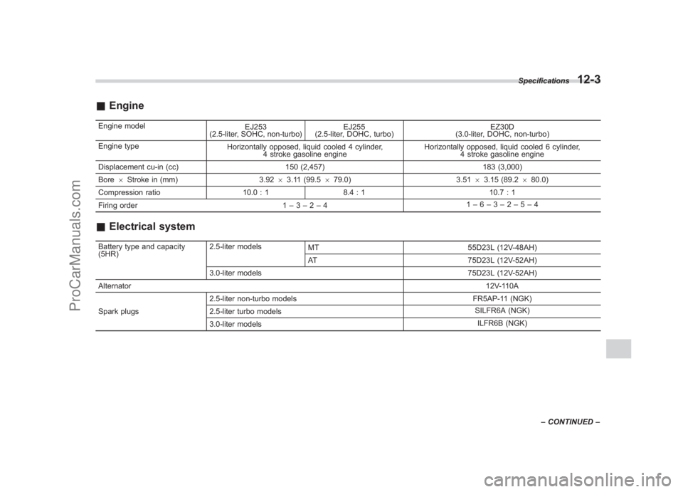 SUBARU LEGACY 2007 Owners Manual Black plate (411,1)
北米Model "A2420BE-B" EDITED: 2006/ 7/ 26
& EngineEngine model
EJ253
(2.5-liter, SOHC, non-turbo) EJ255
(2.5-liter, DOHC, turbo) EZ30D
(3.0-liter, DOHC, non-turbo)
Engine type Ho SUBARU LEGACY 2007 Owners Manual Black plate (411,1)
北米Model "A2420BE-B" EDITED: 2006/ 7/ 26
& EngineEngine model
EJ253
(2.5-liter, SOHC, non-turbo) EJ255
(2.5-liter, DOHC, turbo) EZ30D
(3.0-liter, DOHC, non-turbo)
Engine type Ho