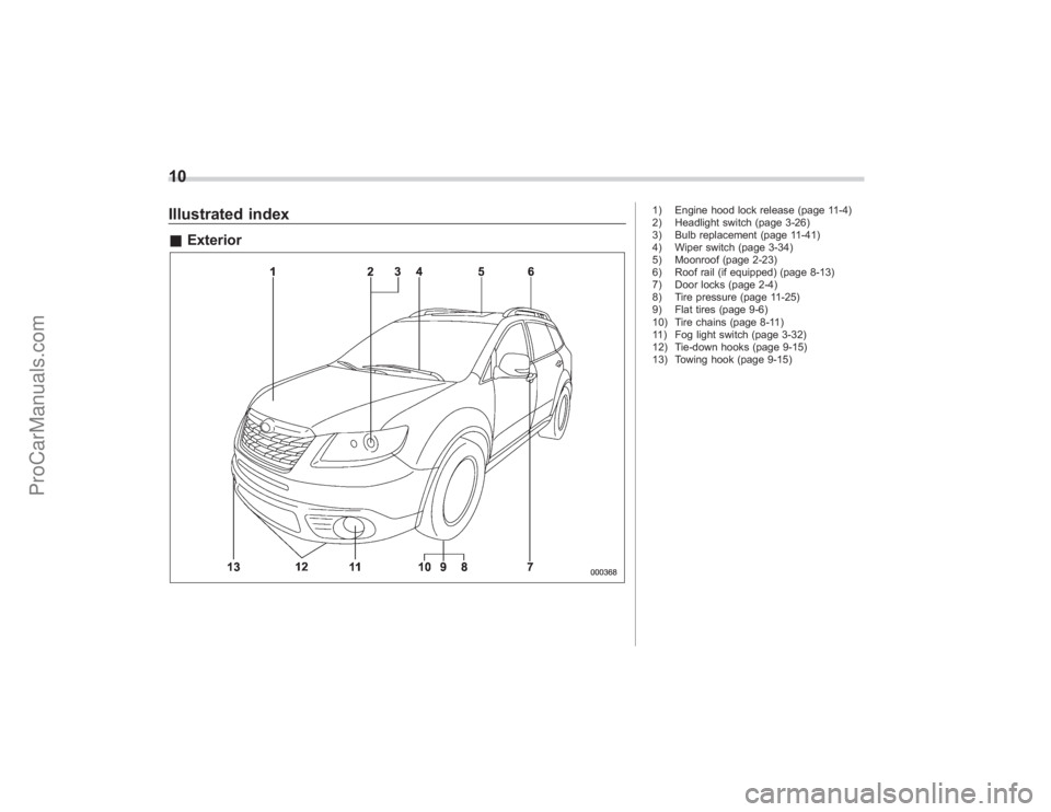 SUBARU TRIBECA 2008 User Guide 10Illustrated index&Exterior
1) Engine hood lock release (page 11-4)
2) Headlight switch (page 3-26)
3) Bulb replacement (page 11-41)
4) Wiper switch (page 3-34)
5) Moonroof (page 2-23)
6) Roof rail (