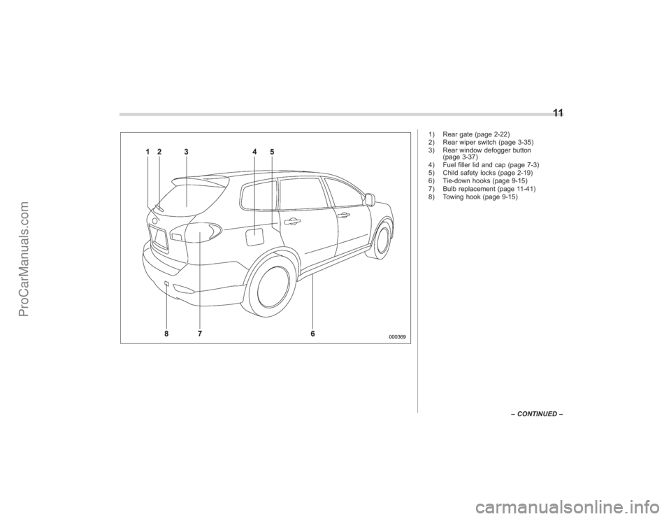 SUBARU TRIBECA 2008 User Guide 1) Rear gate (page 2-22)
2) Rear wiper switch (page 3-35)
3) Rear window defogger button(page 3-37)
4) Fuel filler lid and cap (page 7-3)
5) Child safety locks (page 2-19)
6) Tie-down hooks (page 9-15