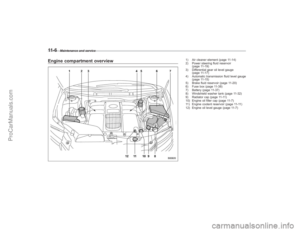 SUBARU TRIBECA 2008 Owners Manual 11-6
Maintenance and service
Engine compartment overview
1) Air cleaner element (page 11-14)
2) Power steering fluid reservoir(page 11-19)
3) Differential gear oil level gauge (page 11-17)
4) Automati SUBARU TRIBECA 2008 Owners Manual 11-6
Maintenance and service
Engine compartment overview
1) Air cleaner element (page 11-14)
2) Power steering fluid reservoir(page 11-19)
3) Differential gear oil level gauge (page 11-17)
4) Automati