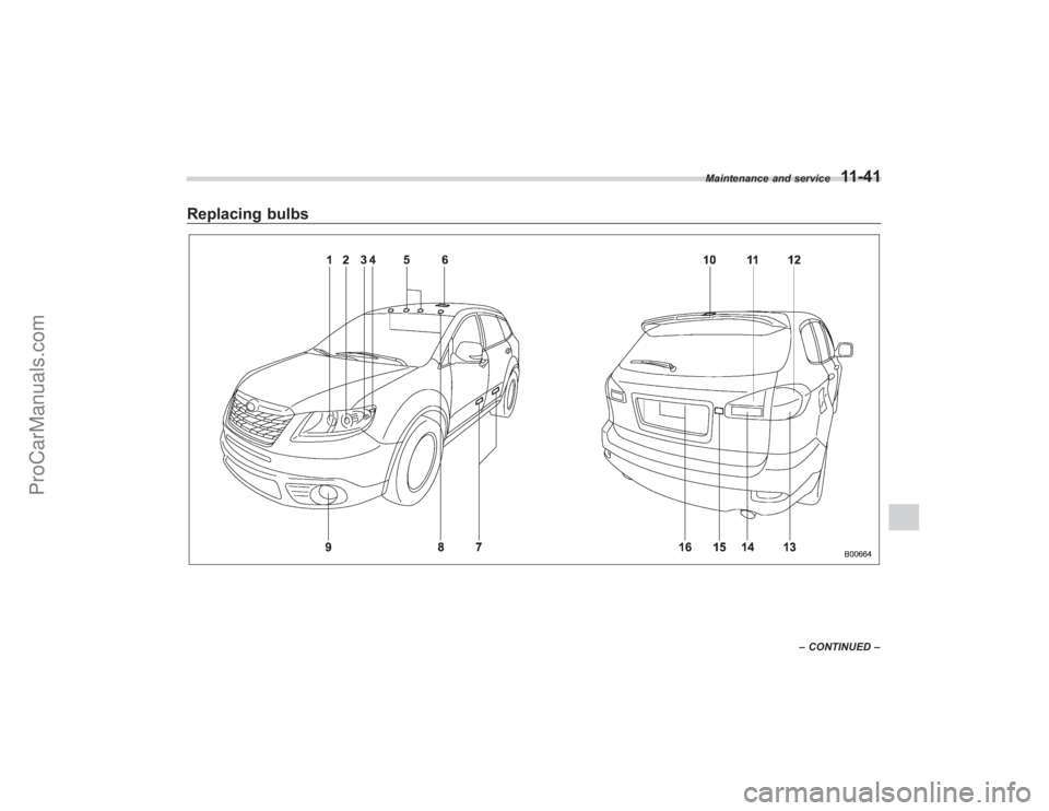 SUBARU TRIBECA 2008 Owners Manual Replacing bulbs
Maintenance and service
11-41
–CONTINUED –
ProCarManuals.com SUBARU TRIBECA 2008 Owners Manual Replacing bulbs
Maintenance and service
11-41
–CONTINUED –
ProCarManuals.com