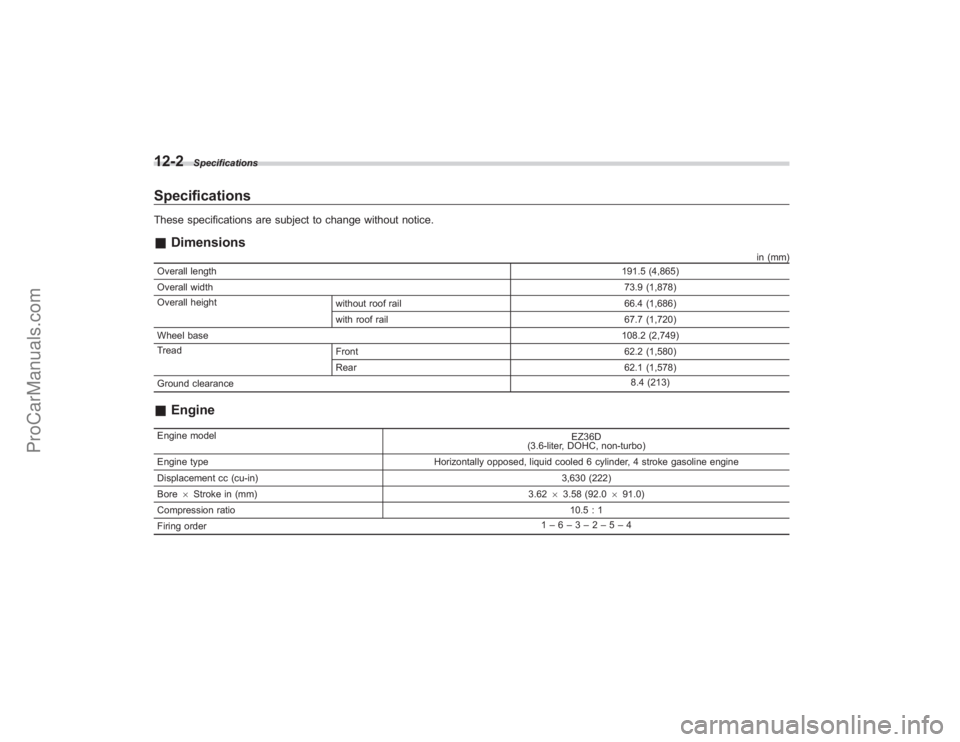 SUBARU TRIBECA 2008  Owners Manual 12-2
Specifications
SpecificationsThese specifications are subject to change without notice.&Dimensions
in (mm)
Overall length 191.5 (4,865)
Overall width 73.9 (1,878)
Overall height without roof rail