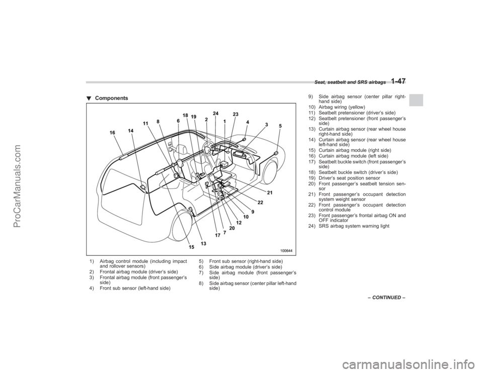 SUBARU TRIBECA 2008 Manual PDF !Components1) Airbag control module (including impact
and rollover sensors)
2) Frontal airbag module (driver ’s side)
3) Frontal airbag module (front passenger ’s
side)
4) Front sub sensor (left-h SUBARU TRIBECA 2008 Manual PDF !Components1) Airbag control module (including impact
and rollover sensors)
2) Frontal airbag module (driver ’s side)
3) Frontal airbag module (front passenger ’s
side)
4) Front sub sensor (left-h