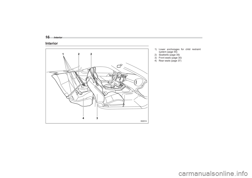 SUBARU BRZ 2023 Owners Manual Interior
16Interior
2
1
2
4
3
002014
1) Lower anchorages for child restraint 
system (page 55)
2) Seatbelts (page 39)
3) Front seats (page 30)
4) Rear seats (page 37)
BRZ_U.book  16 ページ  ２０