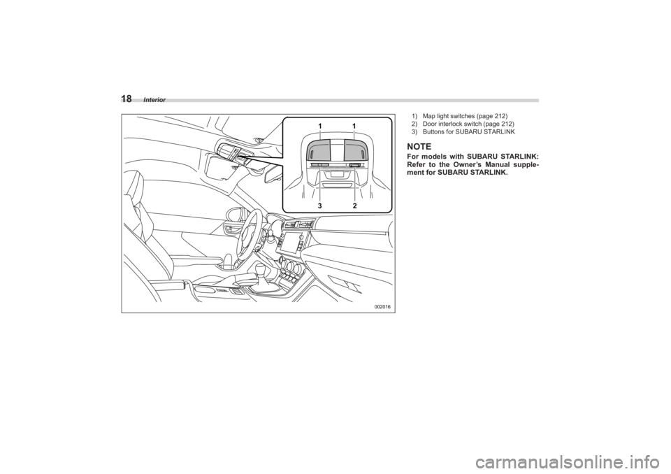 SUBARU BRZ 2023 Owners Manual Interior
18
1
1
3
2
002016
 1) Map light switches (page 212)
2) Door interlock switch (page 212)
3) Buttons for SUBARU STARLINKNOTEFor models with SUBARU STARLINK: 
Refer to the Owner’s Manual suppl