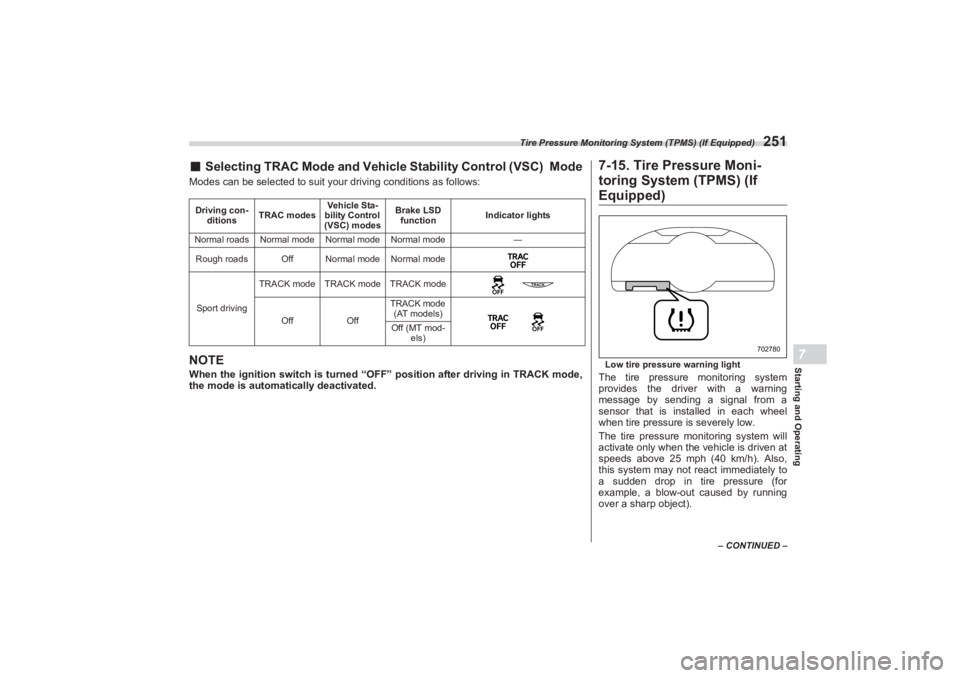 SUBARU BRZ 2023  Owners Manual Tire Pressure Monitoring System (TPMS) (If Equipped)
251
– CONTINUED –
Starting and Operating7
■Selecting TRAC Mode and Vehicle Stability Control (VSC)   ModeModes can be selected to suit your d