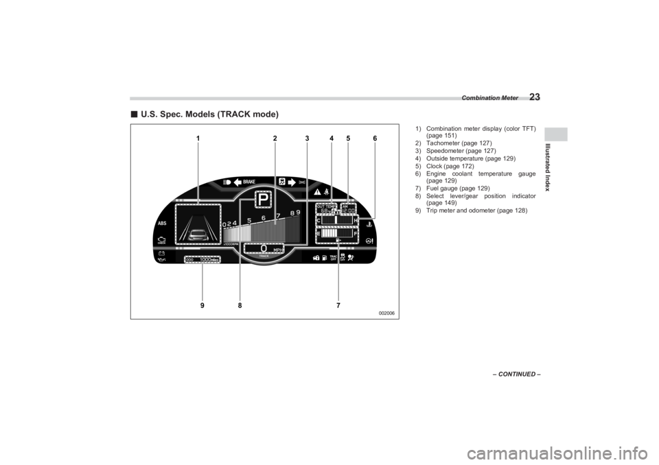 SUBARU BRZ 2023 Owners Manual Combination Meter
23
Illustrated Index
– CONTINUED –
■U.S. Spec. Models (TRACK mode)
1
2
3
4
5
6
7
8
9
002006
 
1) Combination meter display (color TFT)  
(page 151)
2) Tachometer (page 127)
3) 