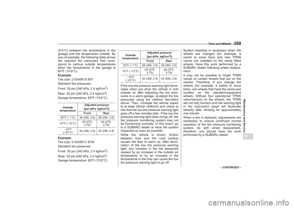 SUBARU BRZ 2023  Owners Manual Tires and Wheels
359
Maintenance and Service11
– CONTINUED –
(5.6°C) between the temperature in the 
garage and the temperature outside. By  
way of example, the following table shows  
the requi