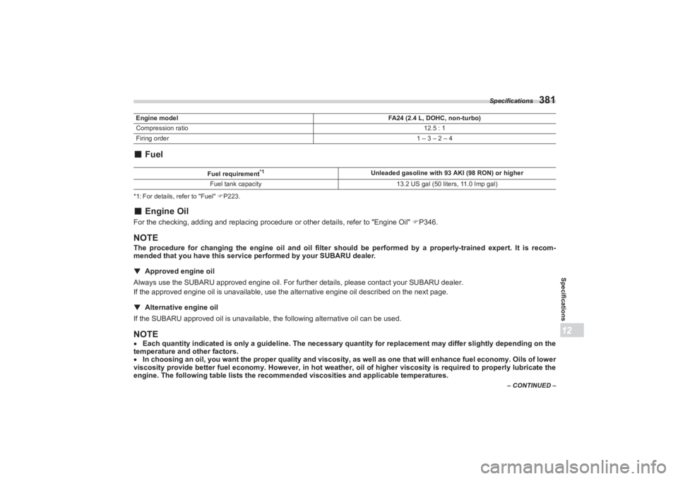 SUBARU BRZ 2023  Owners Manual Specifications
381
Specifications12
– CONTINUED –
■Fuel*1: For details, refer to "Fuel"  P223.■ Engine OilFor the checking, adding and replacing procedure or other details, refer to "Engine