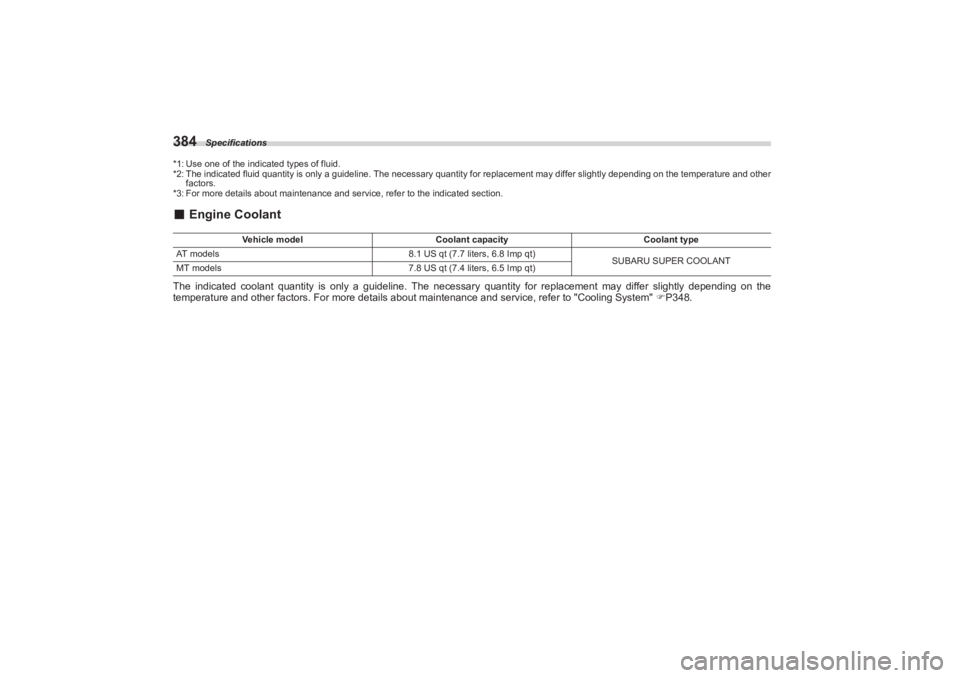 SUBARU BRZ 2023  Owners Manual Specifications
384*1: Use one of the indicated types of fluid.
*2: The indicated fluid quantity is only a guideline. The necessary quantity for replacem ent may differ slightly depending on the temper