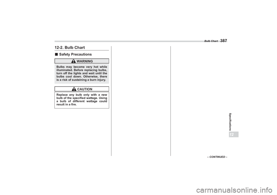 SUBARU BRZ 2023 Owners Manual Bulb Chart
387
Specifications12
– CONTINUED –
12-2. Bulb Chart■Safety Precautions
WARNING
Bulbs may become very hot while
illuminated. Before replacing bulbs,
turn off the lights and wait SUBARU BRZ 2023 Owners Manual Bulb Chart
387
Specifications12
– CONTINUED –
12-2. Bulb Chart■Safety Precautions
WARNING
Bulbs may become very hot while
illuminated. Before replacing bulbs,
turn off the lights and wait
