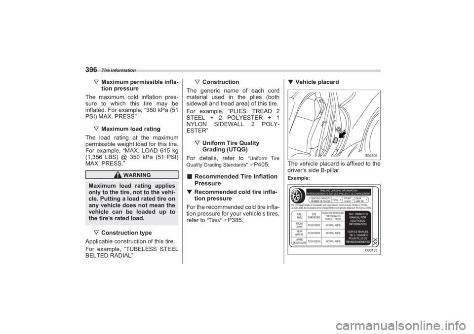 SUBARU BRZ 2023 Owners Manual Tire Information
396
▽Maximum permissible infla -
tion pressure
The maximum cold inflation pres-
sure to which this tire may be
inflated. For example, “350 kPa (51
PSI) MAX. PRESS”
▽ Maxim SUBARU BRZ 2023 Owners Manual Tire Information
396
▽Maximum permissible infla -
tion pressure
The maximum cold inflation pres-
sure to which this tire may be
inflated. For example, “350 kPa (51
PSI) MAX. PRESS”
▽ Maxim