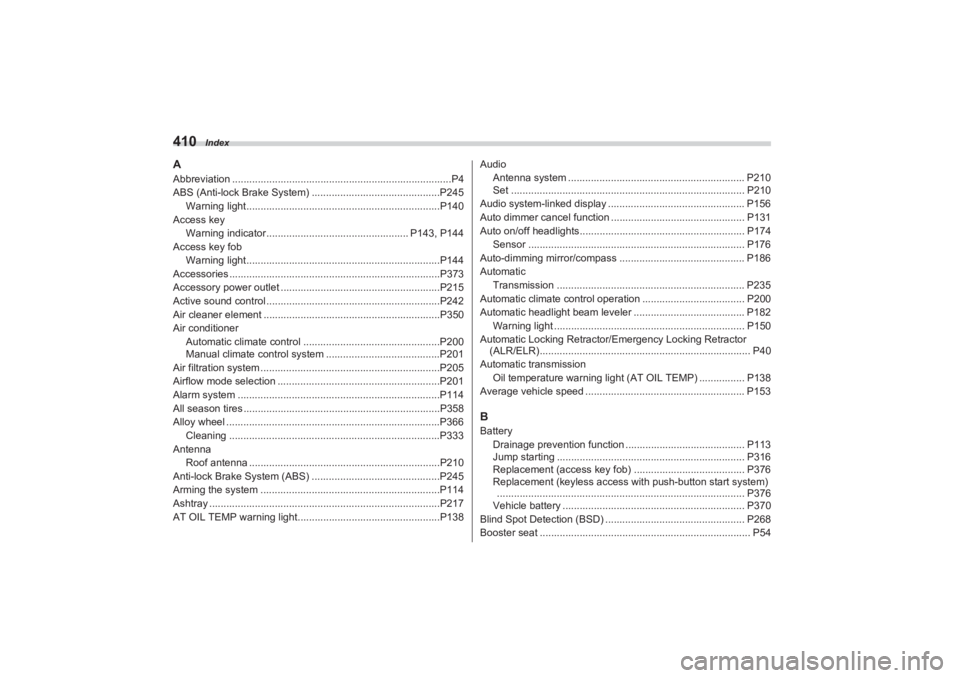 SUBARU BRZ 2023  Owners Manual Index
410AAbbreviation .............................................................................P4
ABS (Anti-lock Brake System) .............................................P245
Warning light.....