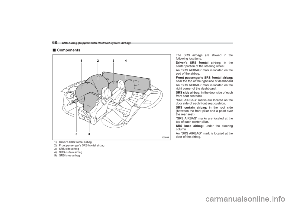 SUBARU BRZ 2023 Manual PDF SRS Airbag (Supplemental Restraint System Airbag)
68■Components1) Driver’s SRS frontal airbag
2) Front passenger’s SRS frontal airbag
3) SRS side airbag
4) SRS curtain airbag
5) SRS knee airbag
SUBARU BRZ 2023 Manual PDF SRS Airbag (Supplemental Restraint System Airbag)
68■Components1) Driver’s SRS frontal airbag
2) Front passenger’s SRS frontal airbag
3) SRS side airbag
4) SRS curtain airbag
5) SRS knee airbag