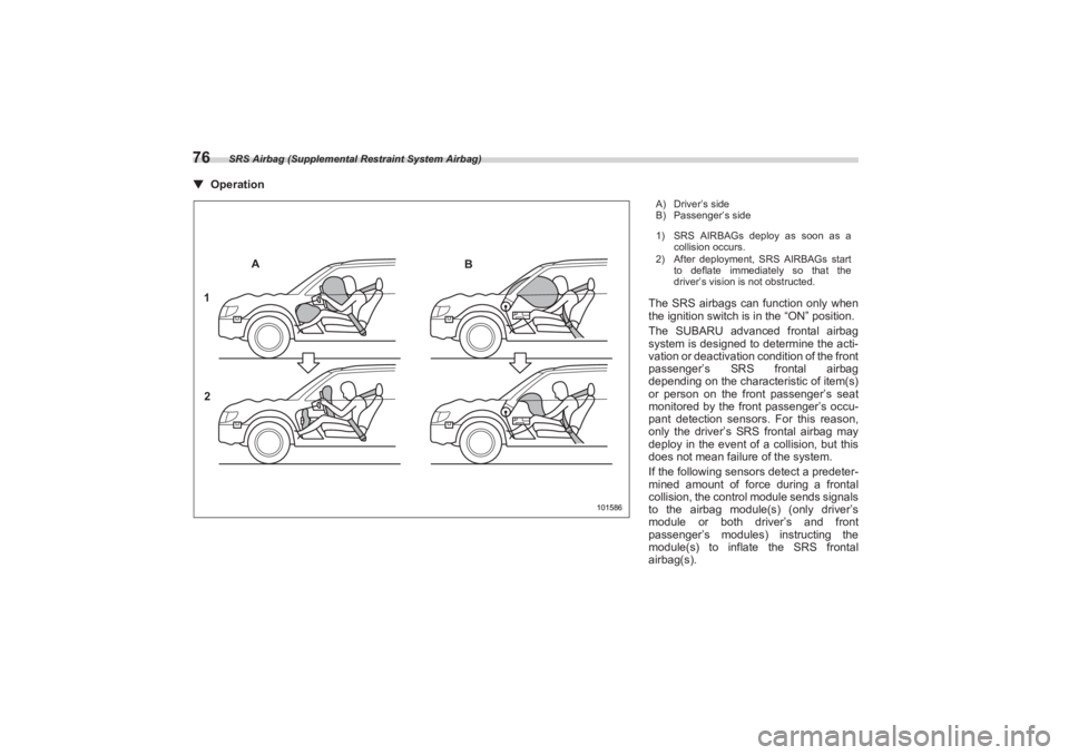 SUBARU BRZ 2023 Manual Online SRS Airbag (Supplemental Restraint System Airbag)
76▼Operation
101586
A
B
1
2
A) Driver’s side
B) Passenger’s side
1) SRS AIRBAGs deploy as soon as a
collision occurs.
2) After deployment, SRS SUBARU BRZ 2023 Manual Online SRS Airbag (Supplemental Restraint System Airbag)
76▼Operation
101586
A
B
1
2
A) Driver’s side
B) Passenger’s side
1) SRS AIRBAGs deploy as soon as a
collision occurs.
2) After deployment, SRS