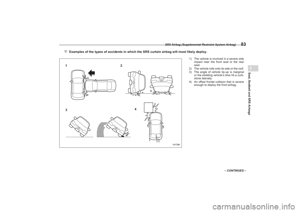 SUBARU BRZ 2023 Manual Online SRS Airbag (Supplemental Restraint System Airbag)
83
Seat, Seatbelt and SRS Airbags1
– CONTINUED –
▽Examples of the types of accidents in which the SRS curtain airbag will most likely deploy.
10 SUBARU BRZ 2023 Manual Online SRS Airbag (Supplemental Restraint System Airbag)
83
Seat, Seatbelt and SRS Airbags1
– CONTINUED –
▽Examples of the types of accidents in which the SRS curtain airbag will most likely deploy.
10
