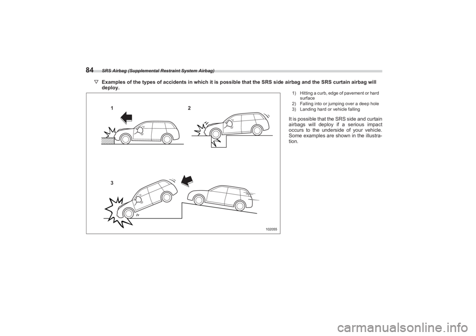 SUBARU BRZ 2023 Manual Online SRS Airbag (Supplemental Restraint System Airbag)
84
▽Examples of the types of accidents in which it is possible that the SRS side airbag and the SRS curtain airbag will
deploy.
1
3 2
102055
1) Hi SUBARU BRZ 2023 Manual Online SRS Airbag (Supplemental Restraint System Airbag)
84
▽Examples of the types of accidents in which it is possible that the SRS side airbag and the SRS curtain airbag will
deploy.
1
3 2
102055
1) Hi