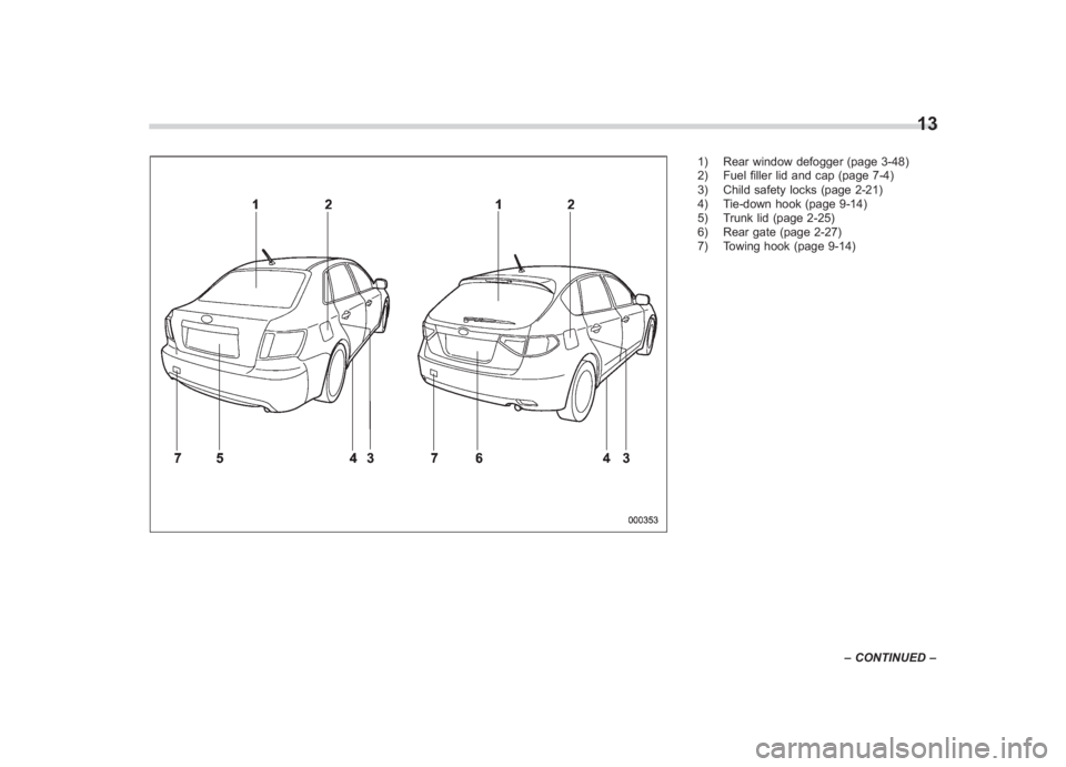 SUBARU IMPREZA WRX STI 2011  Owners Manual Black plate (15,1)
北米Model "A1110BE-C" EDITED: 2010/ 12/ 17
1) Rear window defogger (page 3-48)
2) Fuel filler lid and cap (page 7-4)
3) Child safety locks (page 2-21)
4) Tie-down hook (page 9-14)