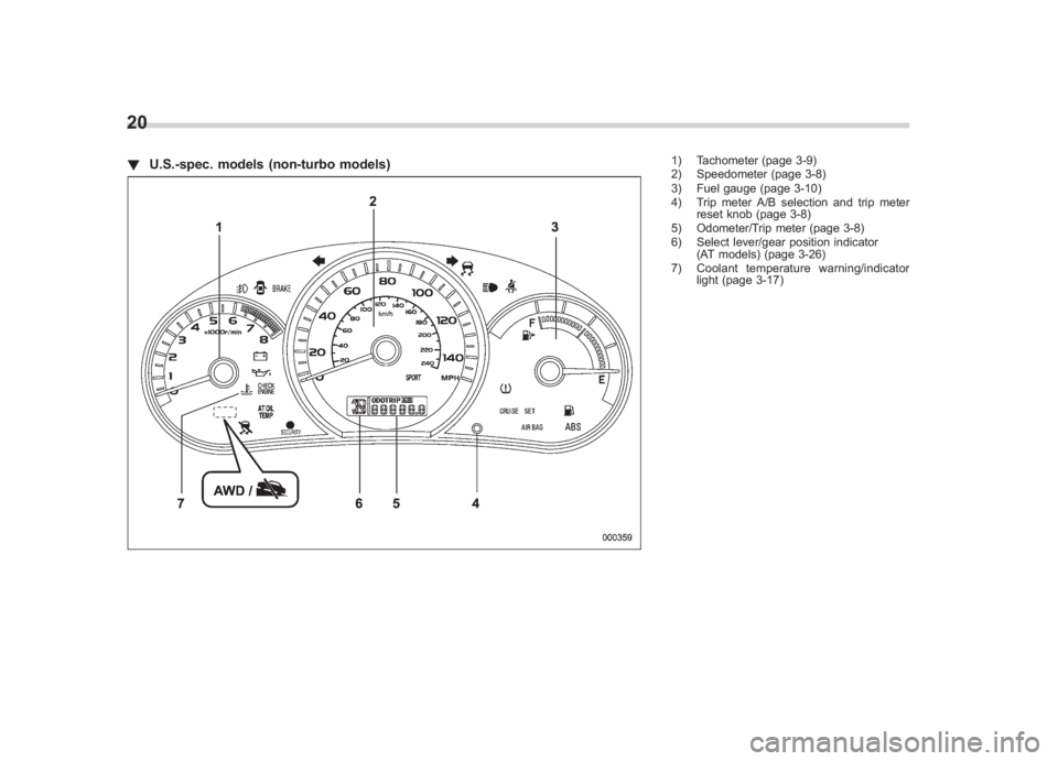 SUBARU IMPREZA WRX STI 2011  Owners Manual Black plate (22,1)
北米Model "A1110BE-C" EDITED: 2010/ 12/ 17
20! U.S.-spec. models (non-turbo models)
1) Tachometer (page 3-9)
2) Speedometer (page 3-8)
3) Fuel gauge (page 3-10)
4) Trip meter A/B 