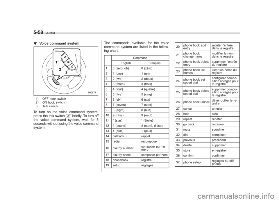 SUBARU IMPREZA WRX STI 2011 Owners Manual Black plate (248,1)
北米Model "A1110BE-C" EDITED: 2010/ 12/ 17
5-58
Audio
! Voice command system1) OFF hook switch
2) ON hook switch
3) Talk switchTo turn on the voice command system,
press the talk SUBARU IMPREZA WRX STI 2011 Owners Manual Black plate (248,1)
北米Model "A1110BE-C" EDITED: 2010/ 12/ 17
5-58
Audio
! Voice command system1) OFF hook switch
2) ON hook switch
3) Talk switchTo turn on the voice command system,
press the talk