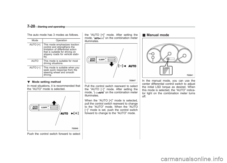 SUBARU IMPREZA WRX STI 2011 Owners Guide Black plate (288,1)
北米Model "A1110BE-C" EDITED: 2010/ 12/ 17
7-20
Starting and operating
The auto mode has 3 modes as follows.
Mode Operation
AUTO [+] This mode emphasizes traction control and str